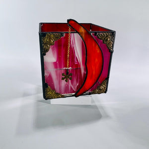 Stained Glass Moon & Star Box • 4×4×4 in Red Cube Candle Holder • Vintage Estate Find – Crescent Moon Shadow Box Décor