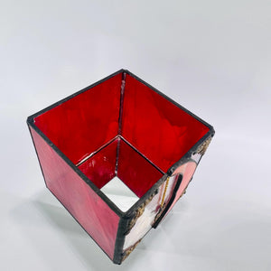 Stained Glass Moon & Star Box • 4×4×4 in Red Cube Candle Holder • Vintage Estate Find – Crescent Moon Shadow Box Décor
