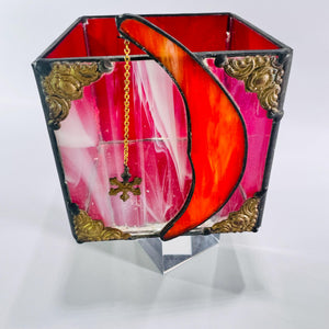 Stained Glass Moon & Star Box • 4×4×4 in Red Cube Candle Holder • Vintage Estate Find – Crescent Moon Shadow Box Décor