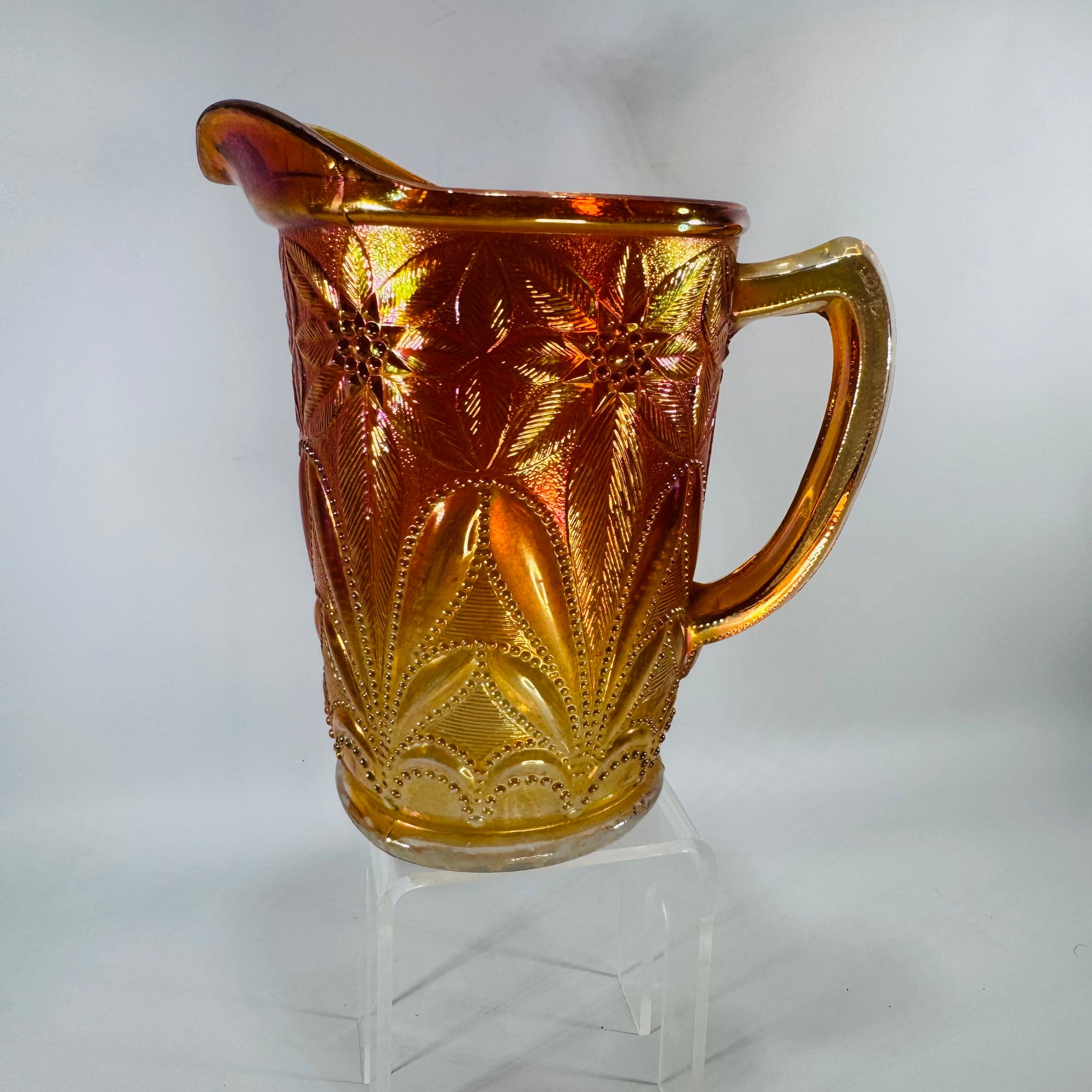 Imperial Marigold Carnival Glass Milk Pitcher, Antique Poinsettia Pattern