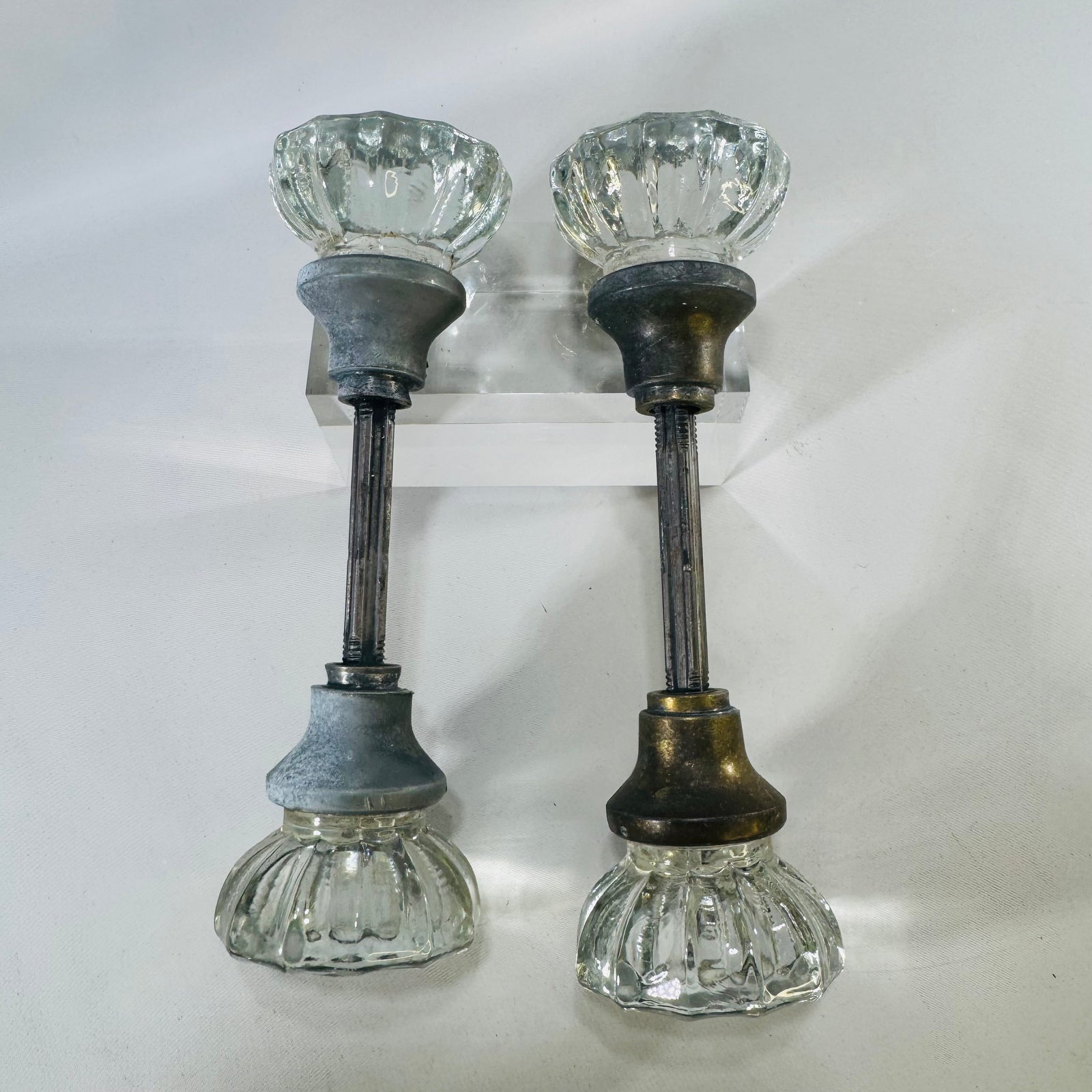 Vintage Glass Doorknob Set Bundle, 4 Fluted Clear Knobs With 2 Threaded Spindles, Antique Door Hardware