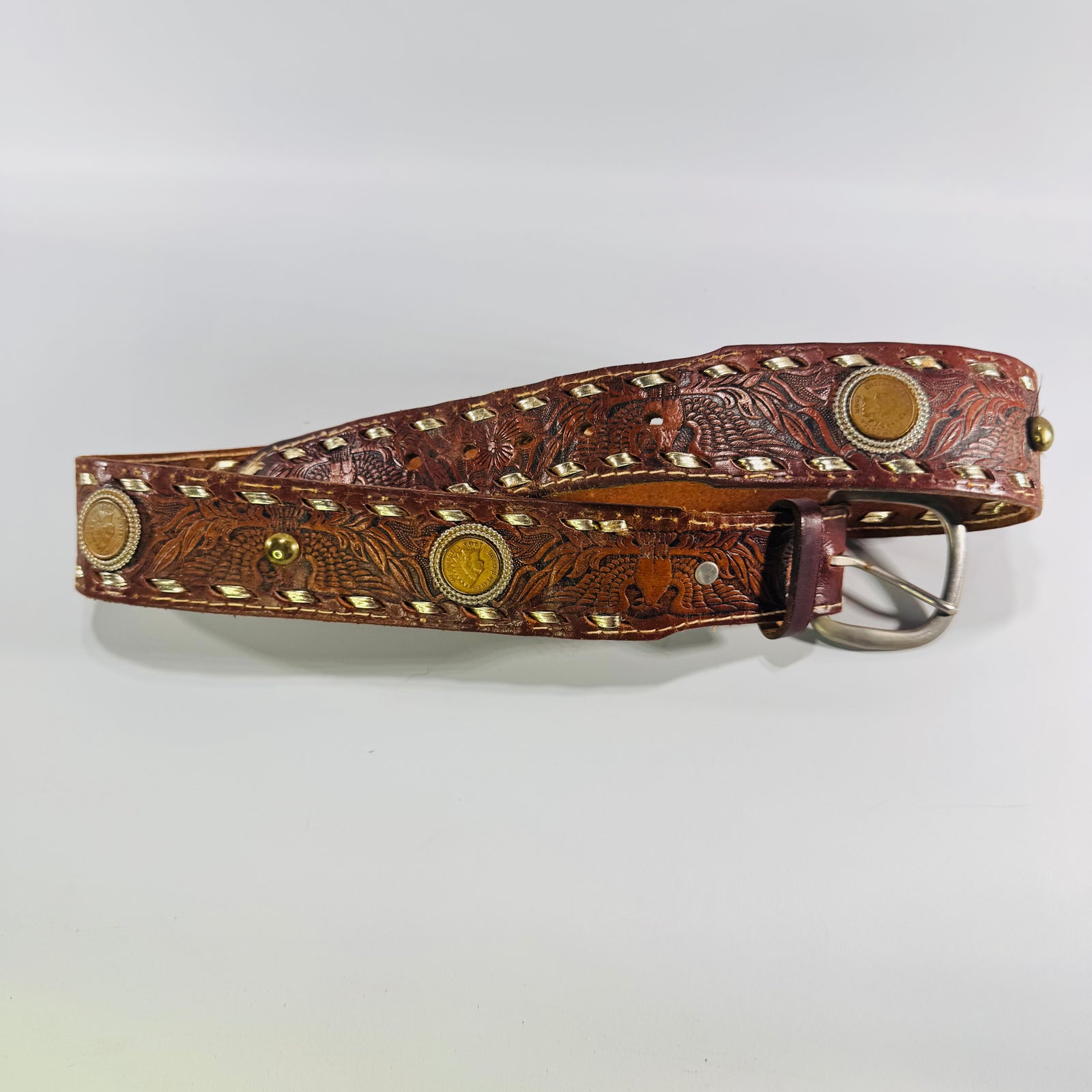 Vintage Indian Head Penny Western Leather Belt Tooled Brown Buckstitch Coin Conchos