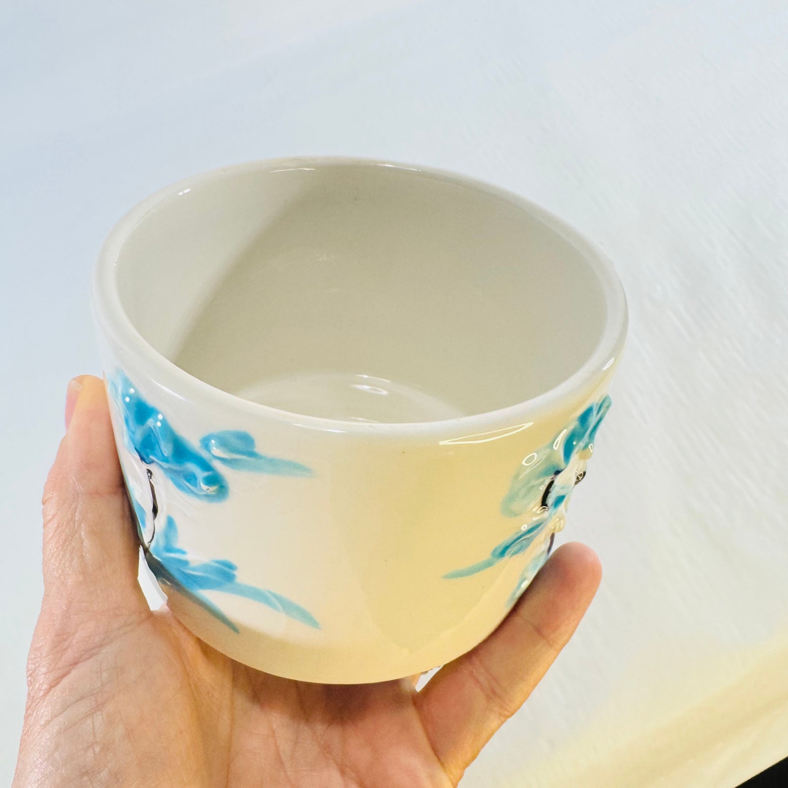 Inside of Italian ceramic planter showing smooth glazed rim and interior