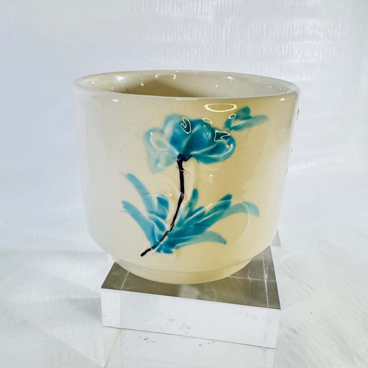 Italian hand painted ceramic planter with blue blossom and painted stem