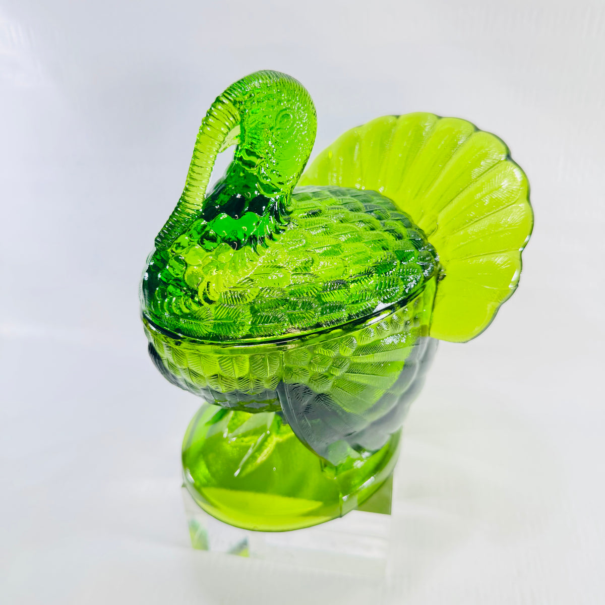 Vintage L.E. Smith green glass turkey on nest covered dish, front view