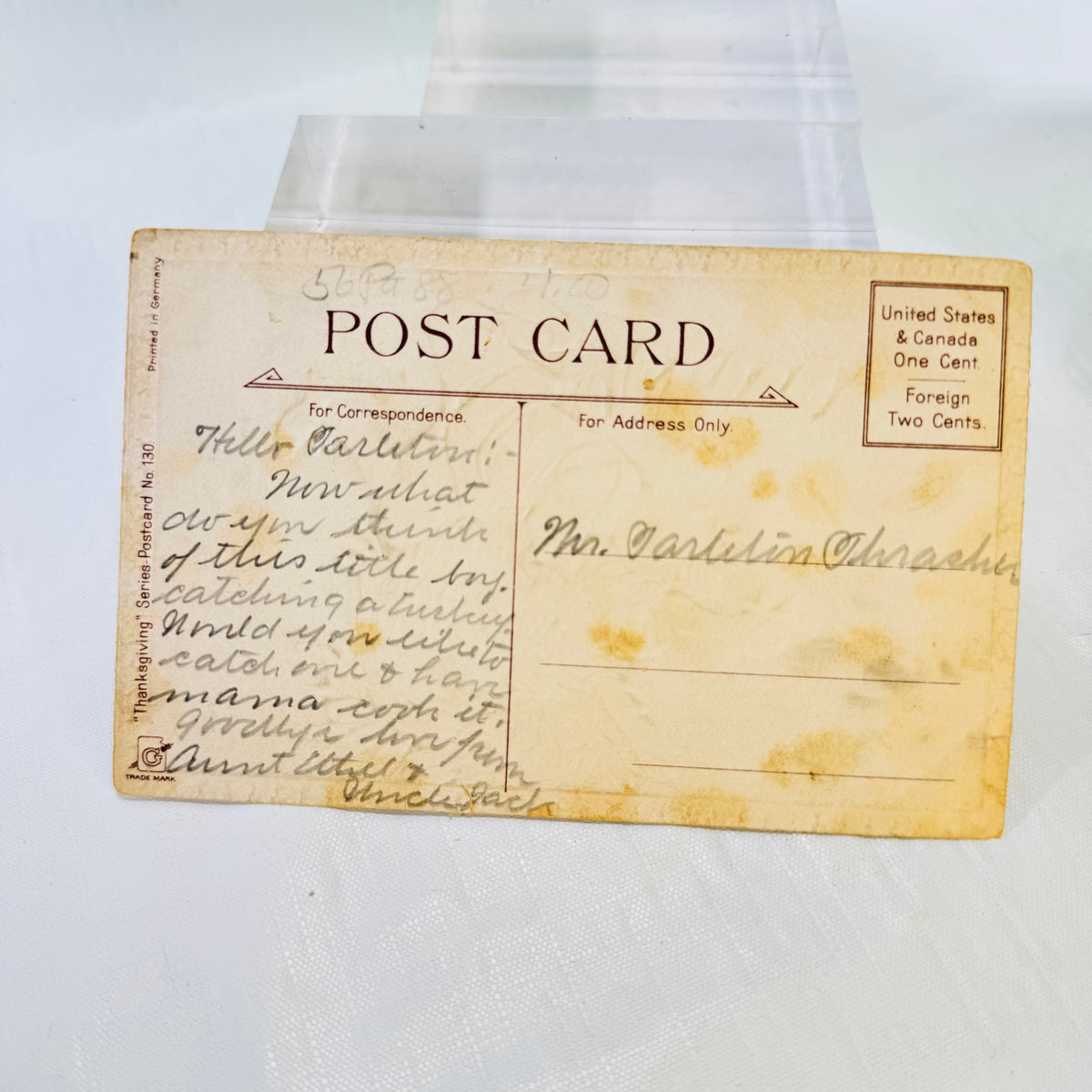 Back of the antique Thanksgiving postcard with handwritten note
