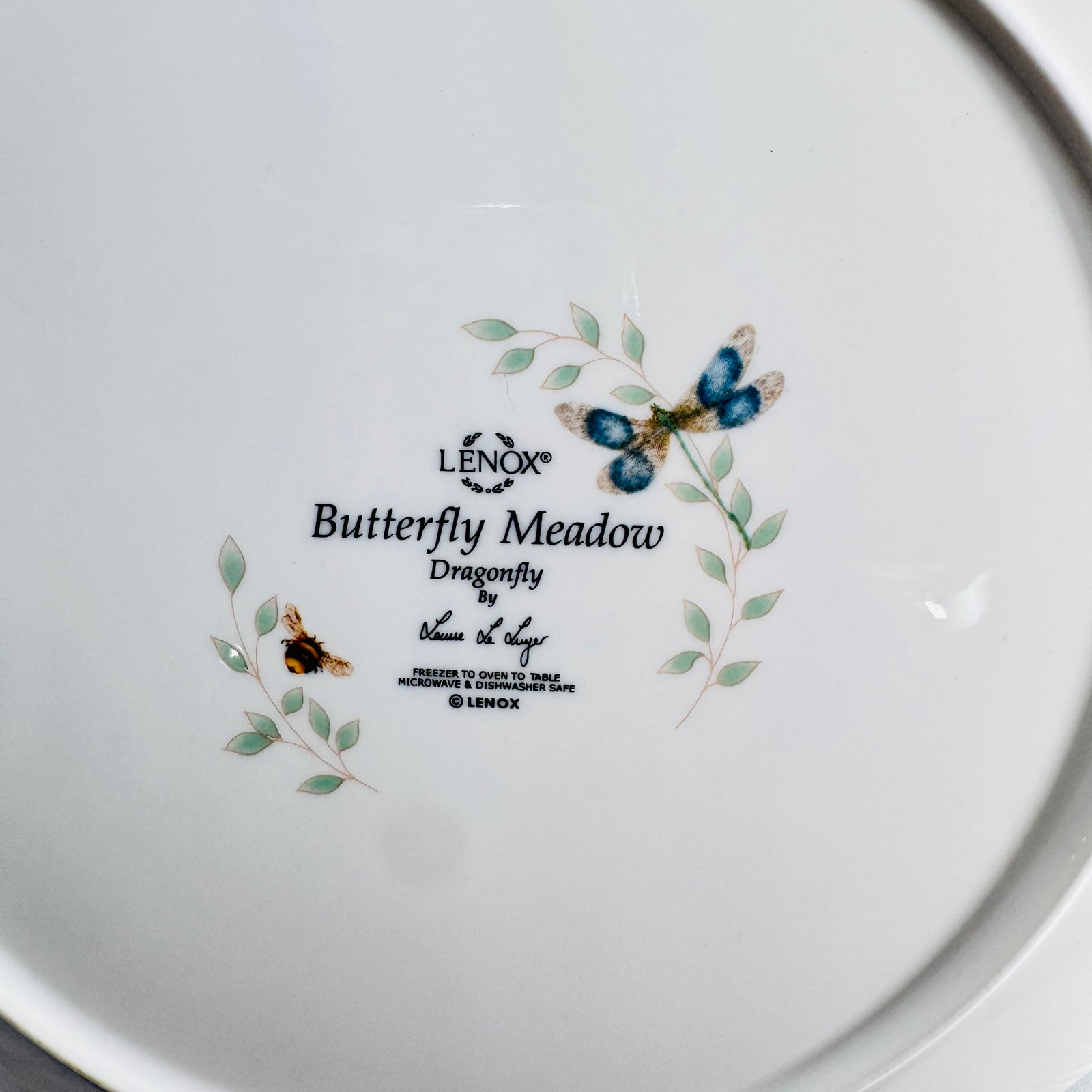 Lenox Butterfly Meadow Dragonfly backstamp close view with dragonfly art and bee