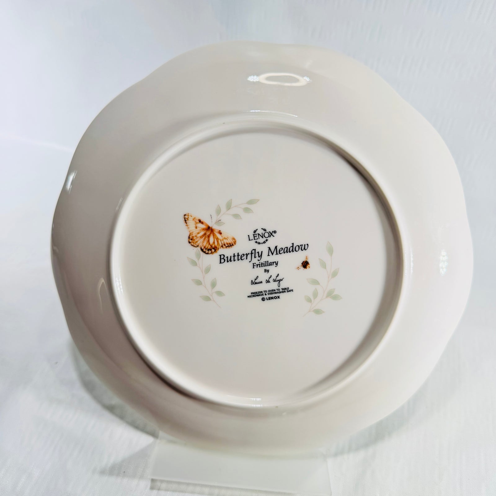 Back of Lenox Butterfly Meadow Fritillary plate showing maker mark, pattern name and care instructions