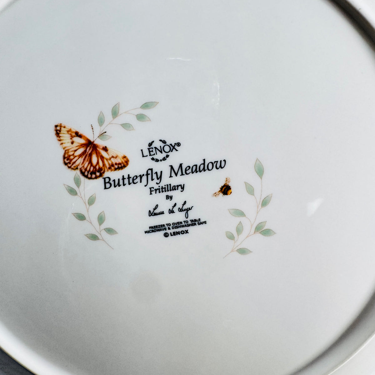 Lenox Butterfly Meadow Fritillary backstamp close view with butterfly art and designer signature