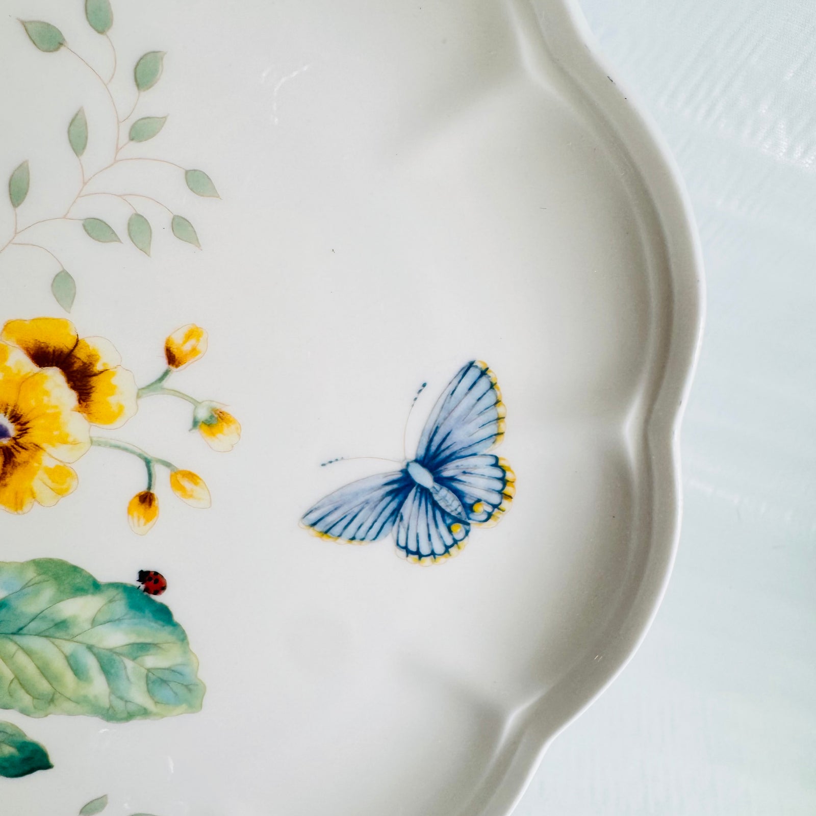 Close view of Lenox Butterfly Meadow Fritillary rim with blue butterfly, yellow flowers and ladybug