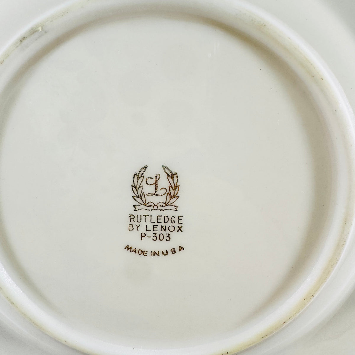 Close view of Lenox Rutledge laurel wreath backstamp with pattern code and Made in USA