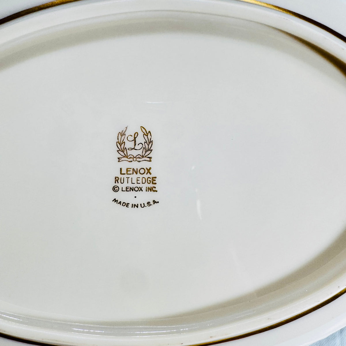 Lenox Rutledge oval bowl backstamp with laurel wreath, pattern name and Made in USA