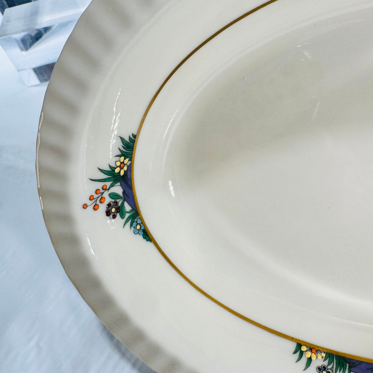 Lenox Rutledge oval bowl rim with fluted edge, gold band and enamel floral sprays