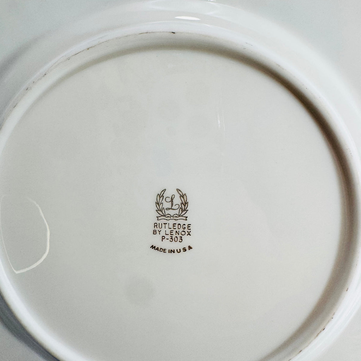 Close view of the brown Lenox wreath backstamp reading Rutledge P-303