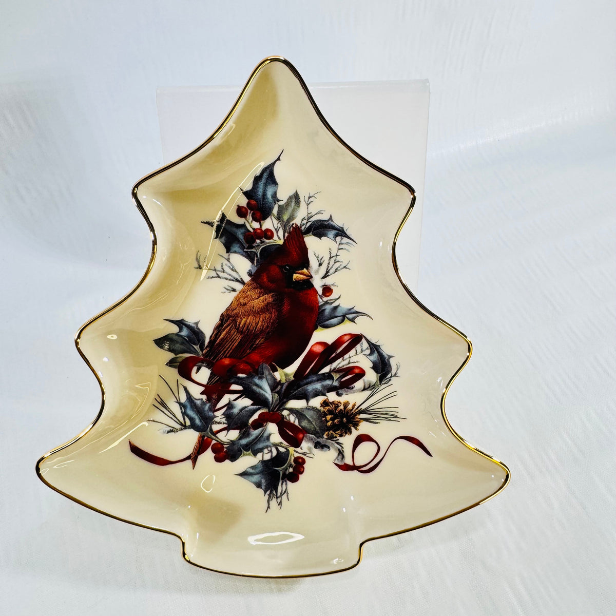 Lenox Winter Greetings Christmas tree dish with red cardinal and gold rim front view
