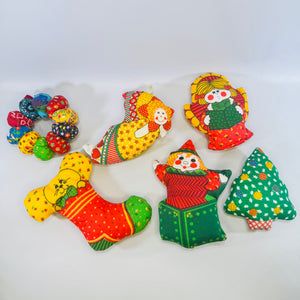 1970s to 1980s Cut and Sew Christmas Ornaments Lot of 7 Stuffed Fabric Decorations