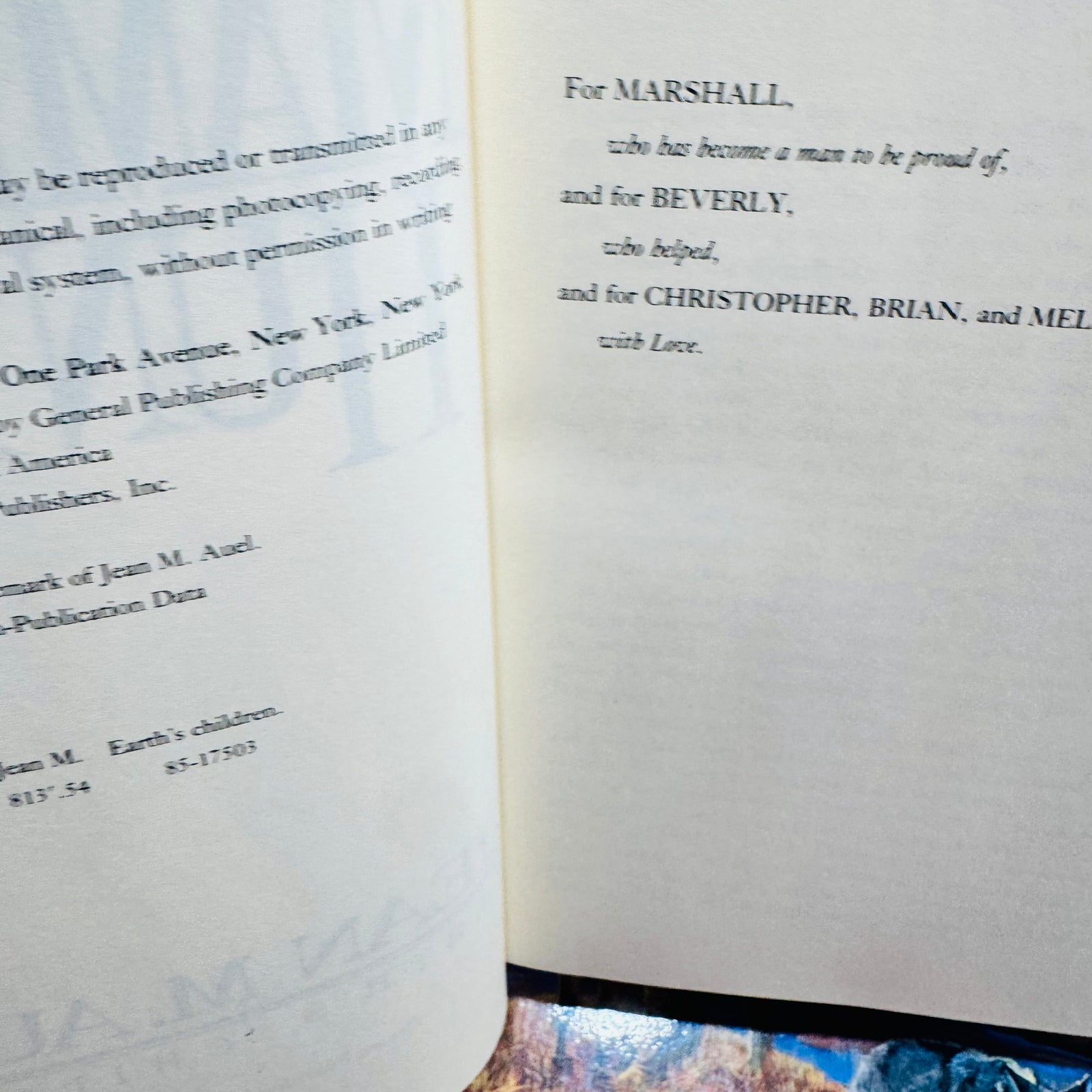 Close view of the dedication page in The Mammoth Hunters hardcover