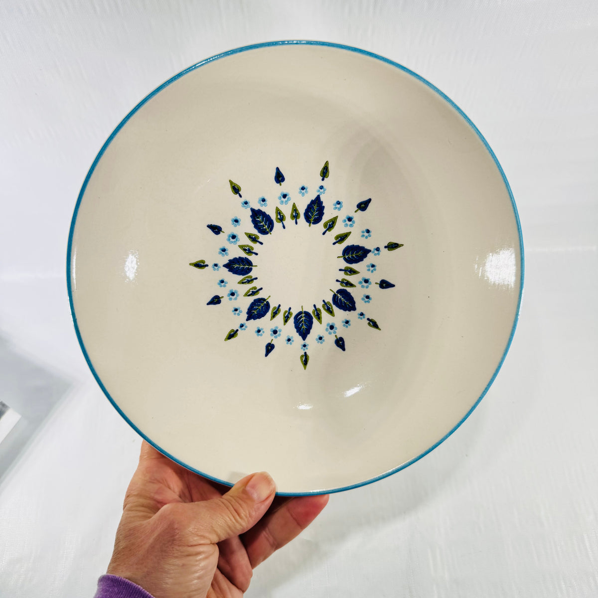 Marcrest Swiss Alpine serving bowl overhead view showing blue green floral decoration