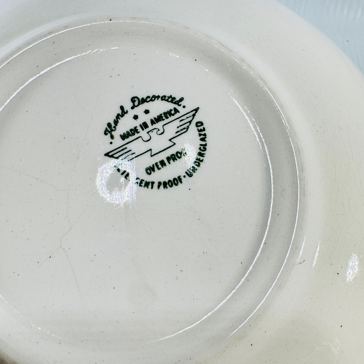 Close-up of Made in America eagle backstamp and fine glaze crazing on base
