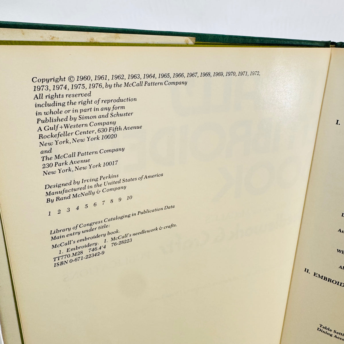 McCall's Embroidery Book 1976 copyright page with number line 1 to 10 and ISBN