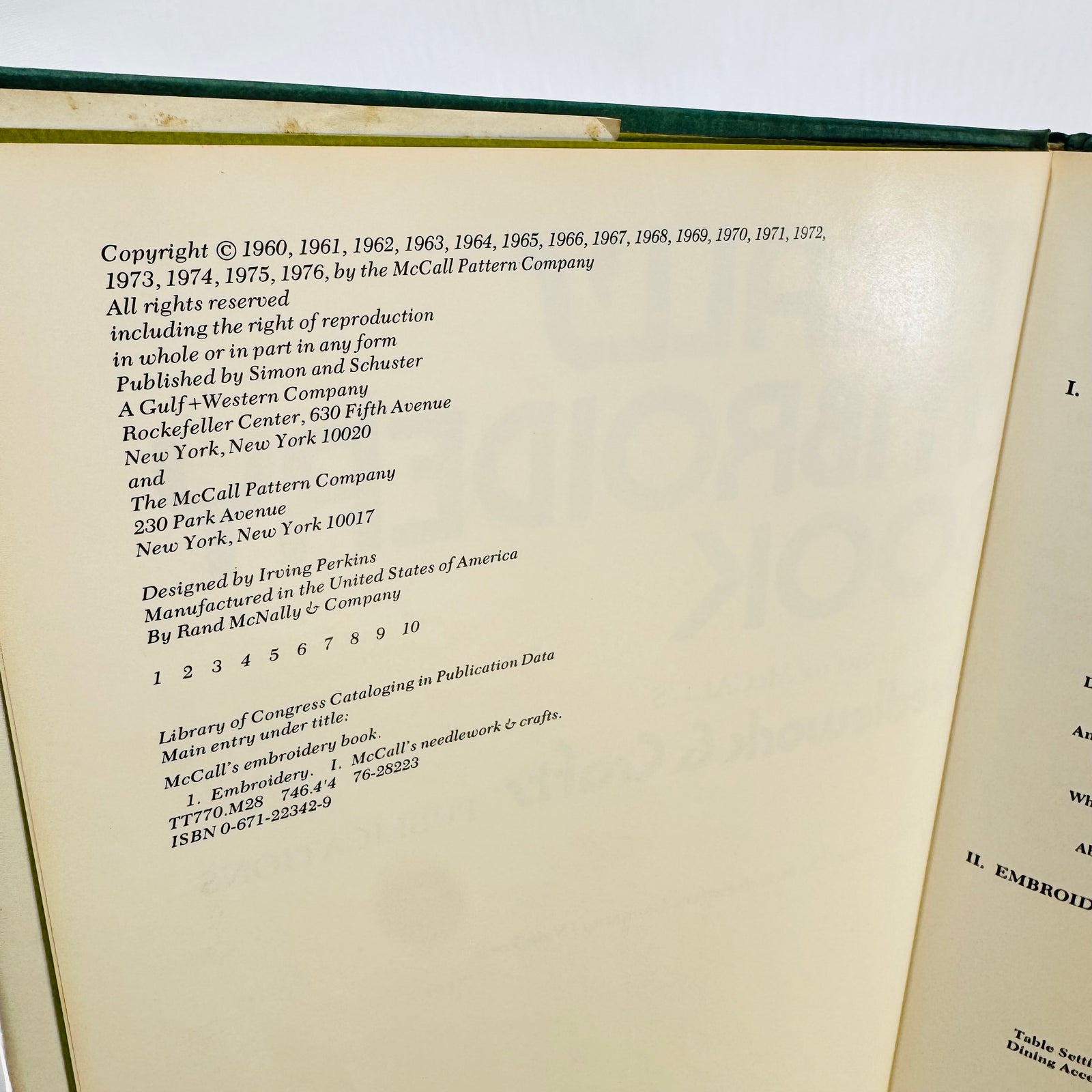 McCall's Embroidery Book 1976 copyright page with number line 1 to 10 and ISBN