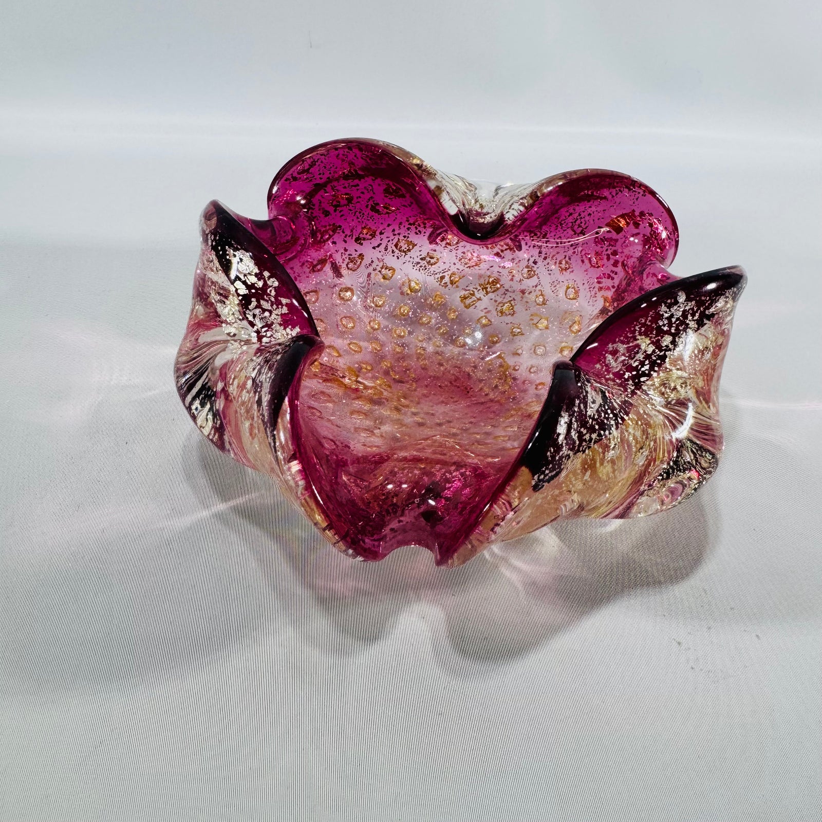 Murano Art Glass Cranberry Pink Aventurine Bullicante Bowl — Italian Hand Blown Freeform Centerpiece
