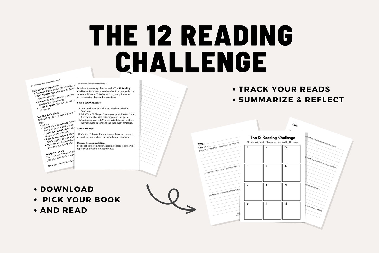 The 12 Reading Challenge (Year-Long Reading Prompts & Worksheets) – Digital Download PDF