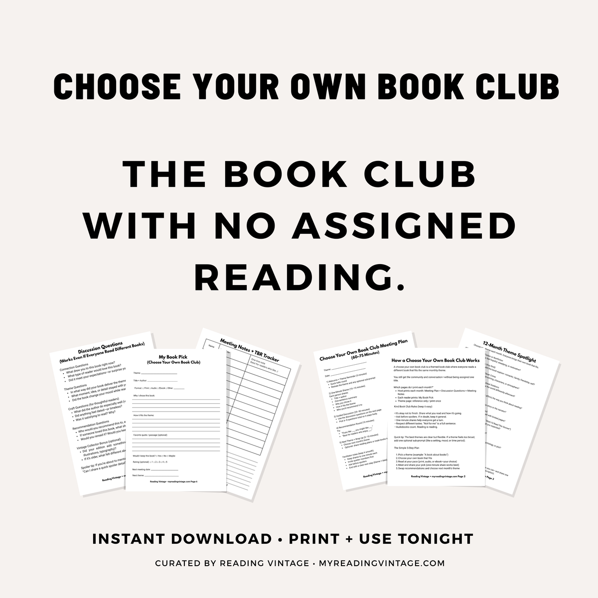 Choose Your Own Book Club Printable PDF Download | 12 Monthly Themes, Agenda, Questions & Worksheets