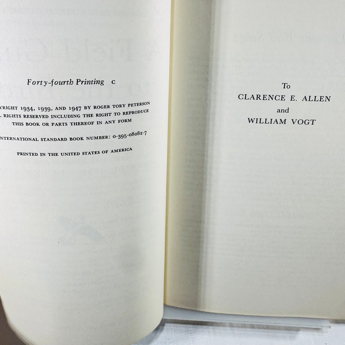 Copyright page showing forty-fourth printing, copyrights 1934, 1939, and 1947, and ISBN 0-395-08082-7, opposite the dedication page.