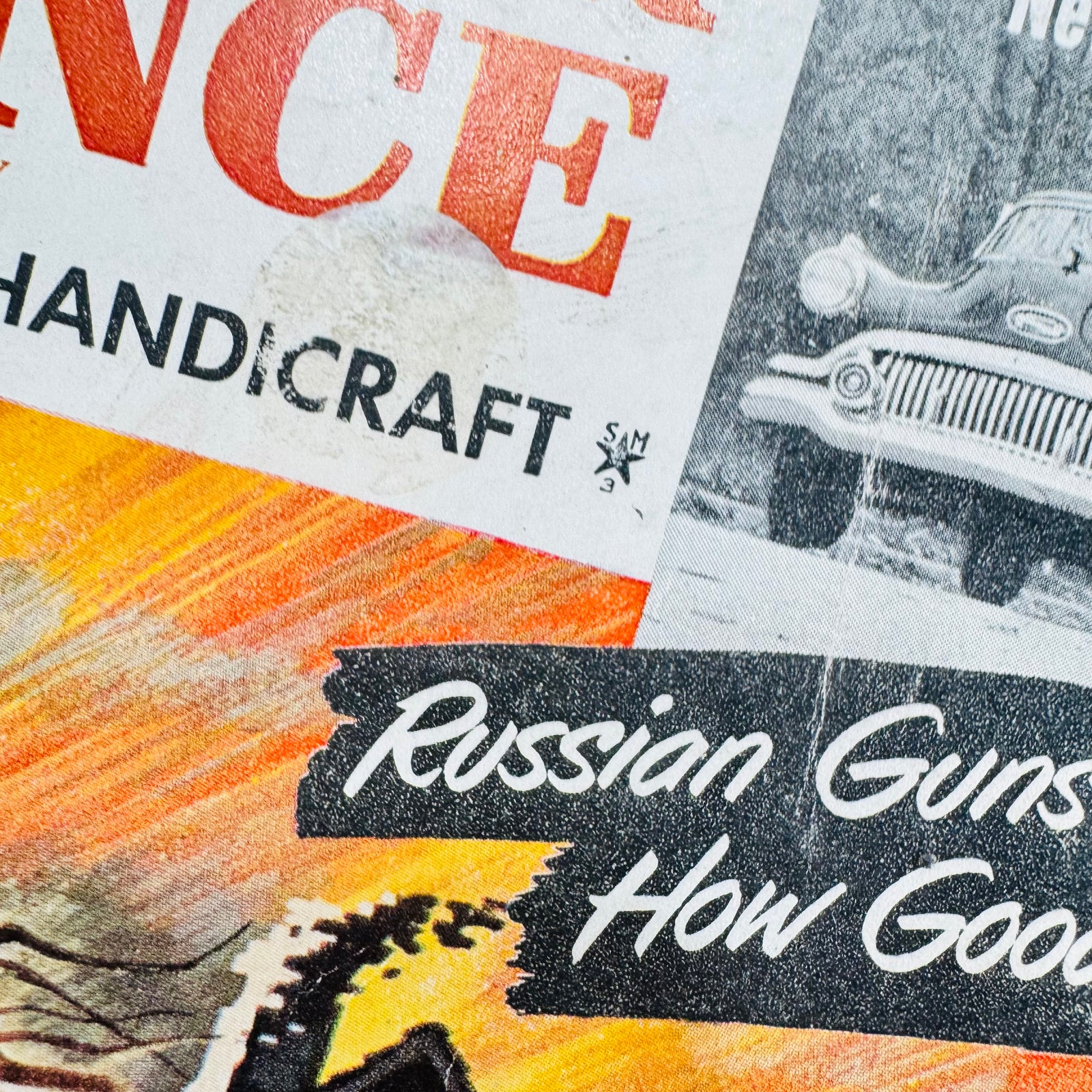 Close view of March 1951 cover showing sticker residue and Russian Guns headline