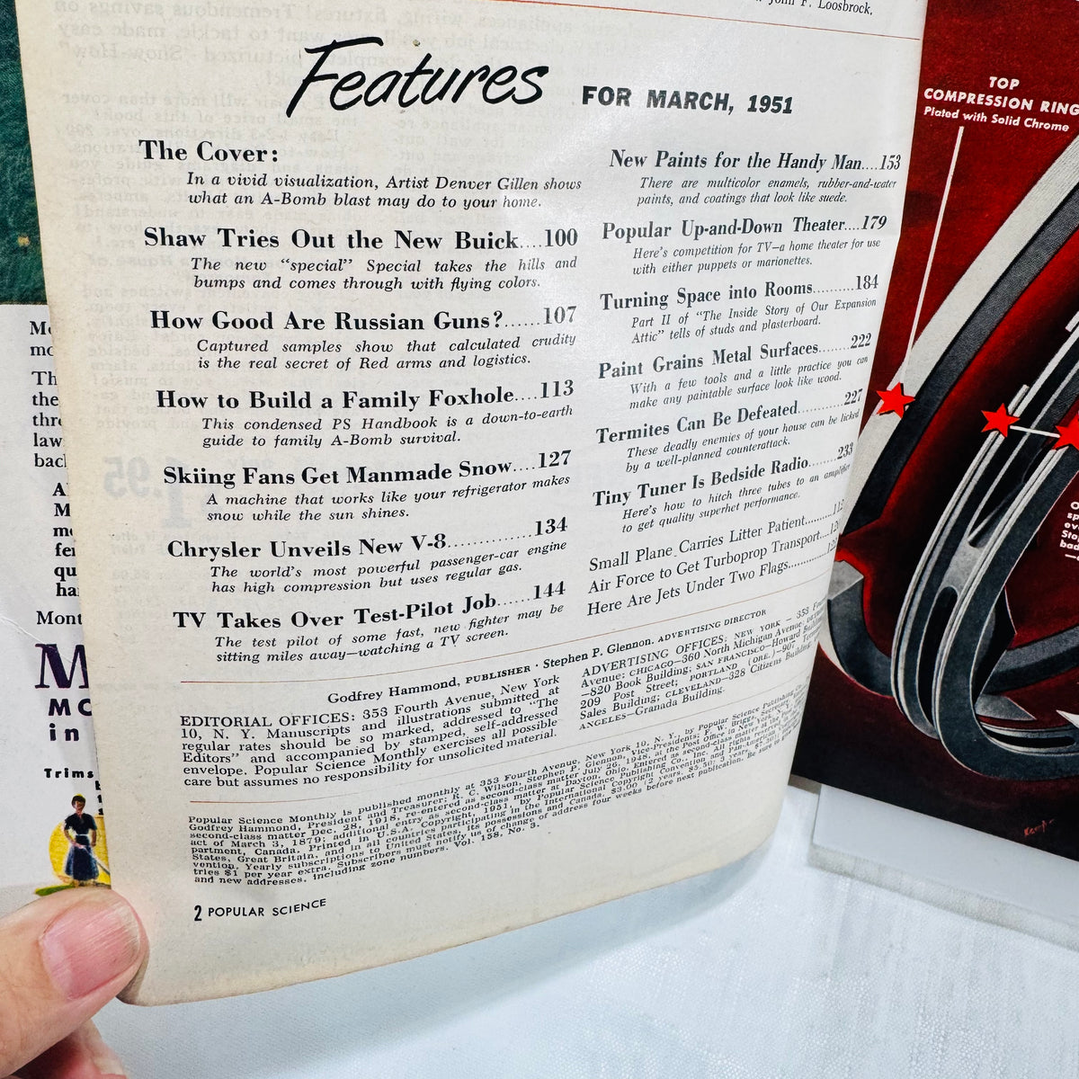 March 1951 Popular Science contents page listing Family Foxhole and Russian Guns features