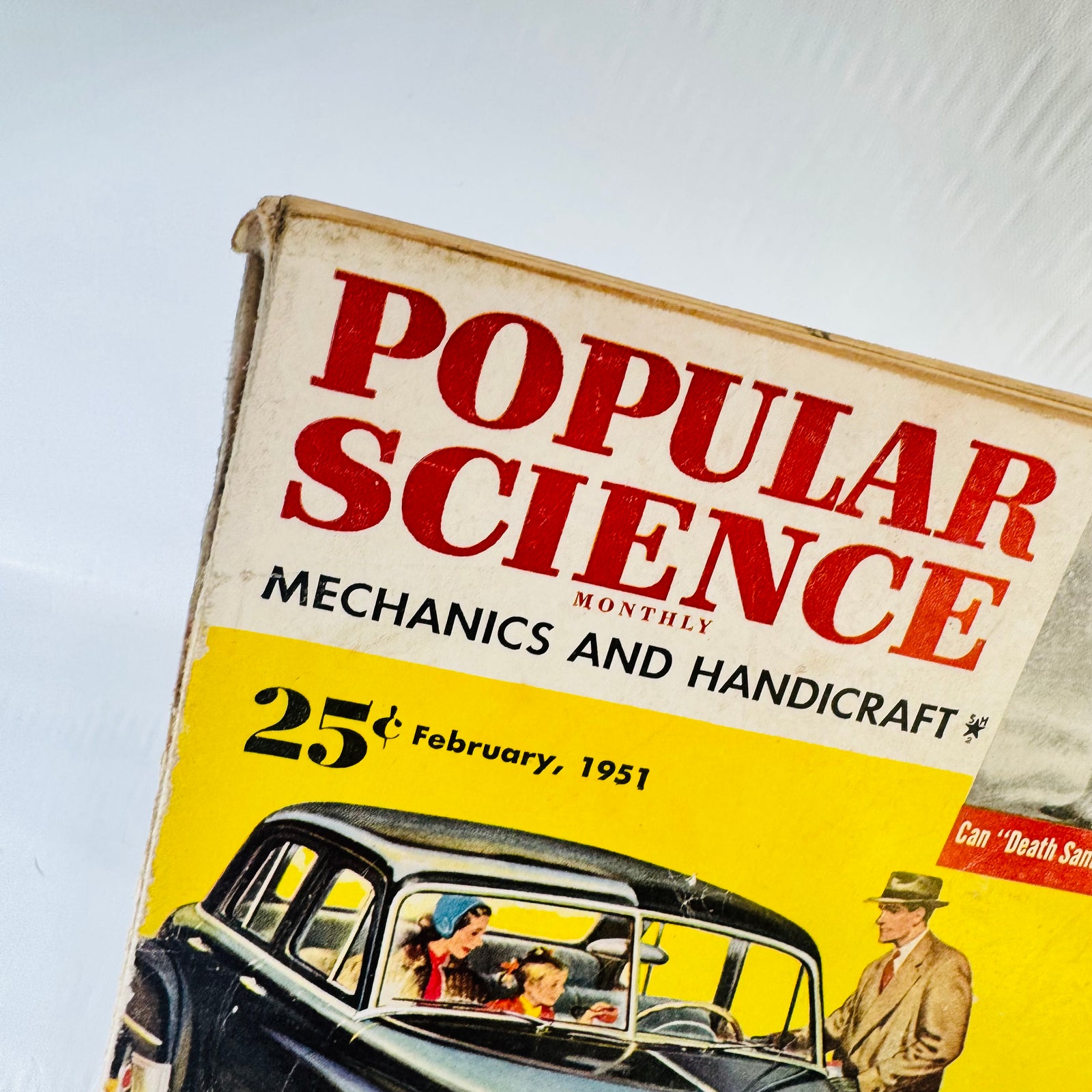 February 1951 Popular Science cover top half, black sedan with passengers and man in fedora