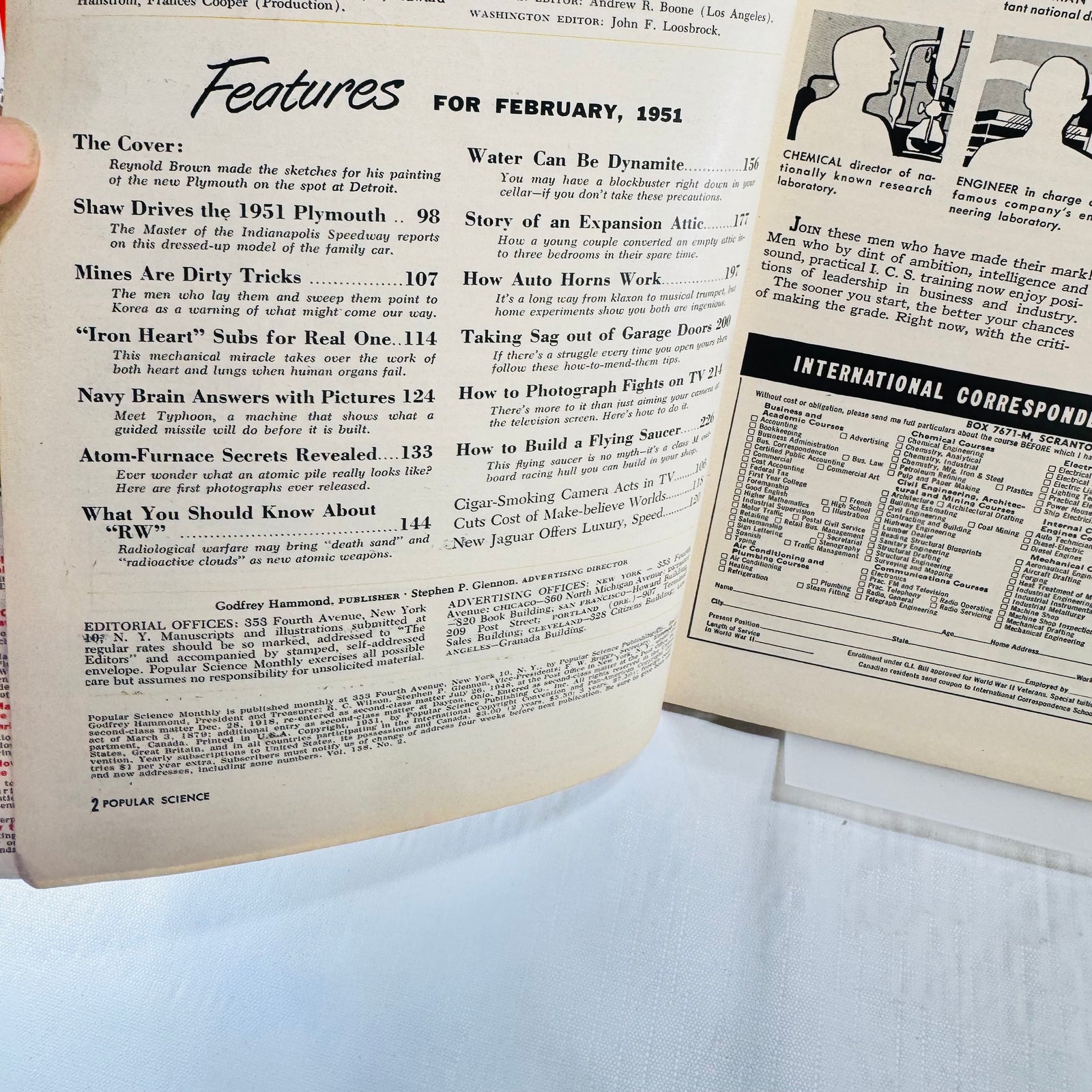 February 1951 Popular Science contents page listing Shaw drives the 1951 Plymouth