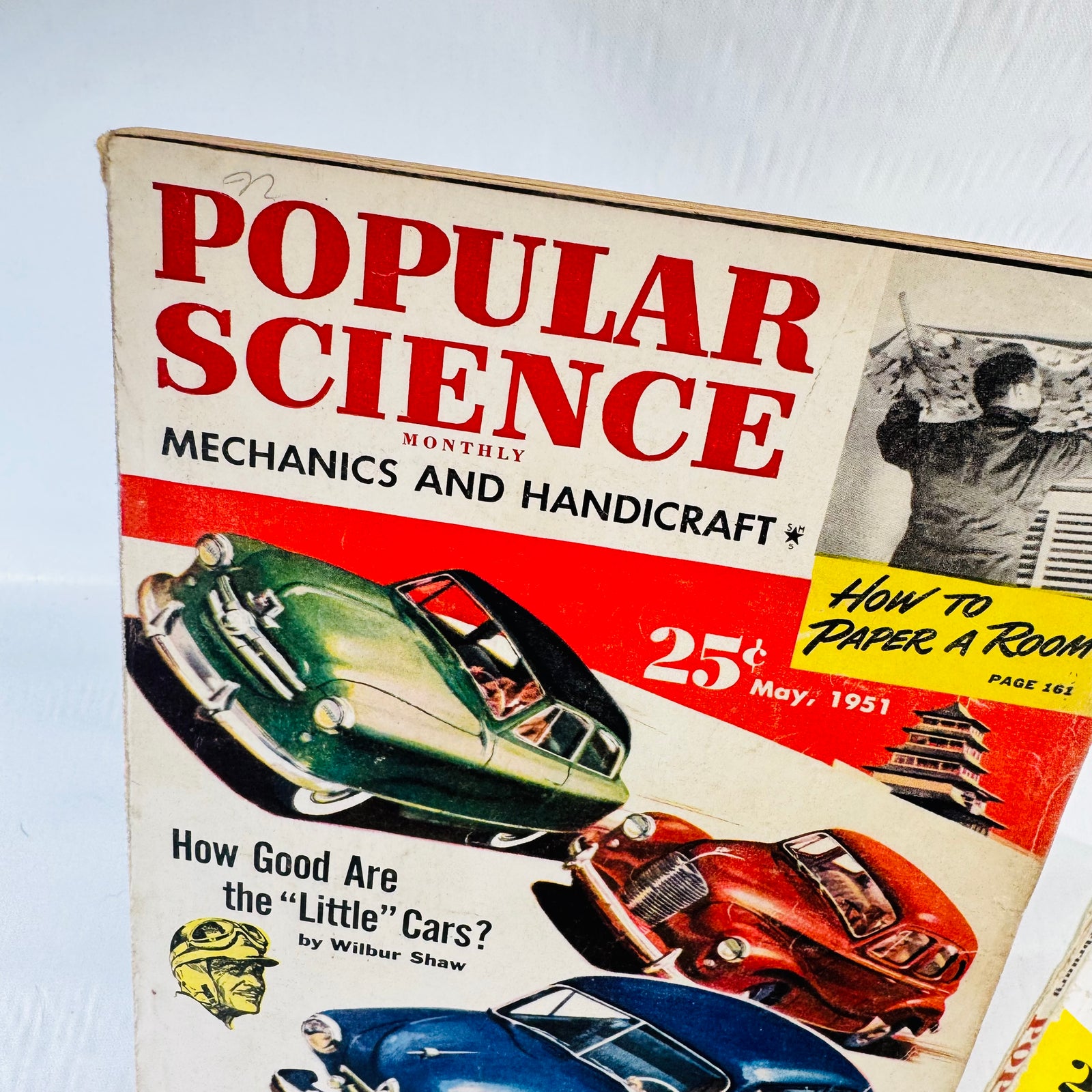 May 1951 Popular Science cover detail showing Little Cars headline and paper a room inset