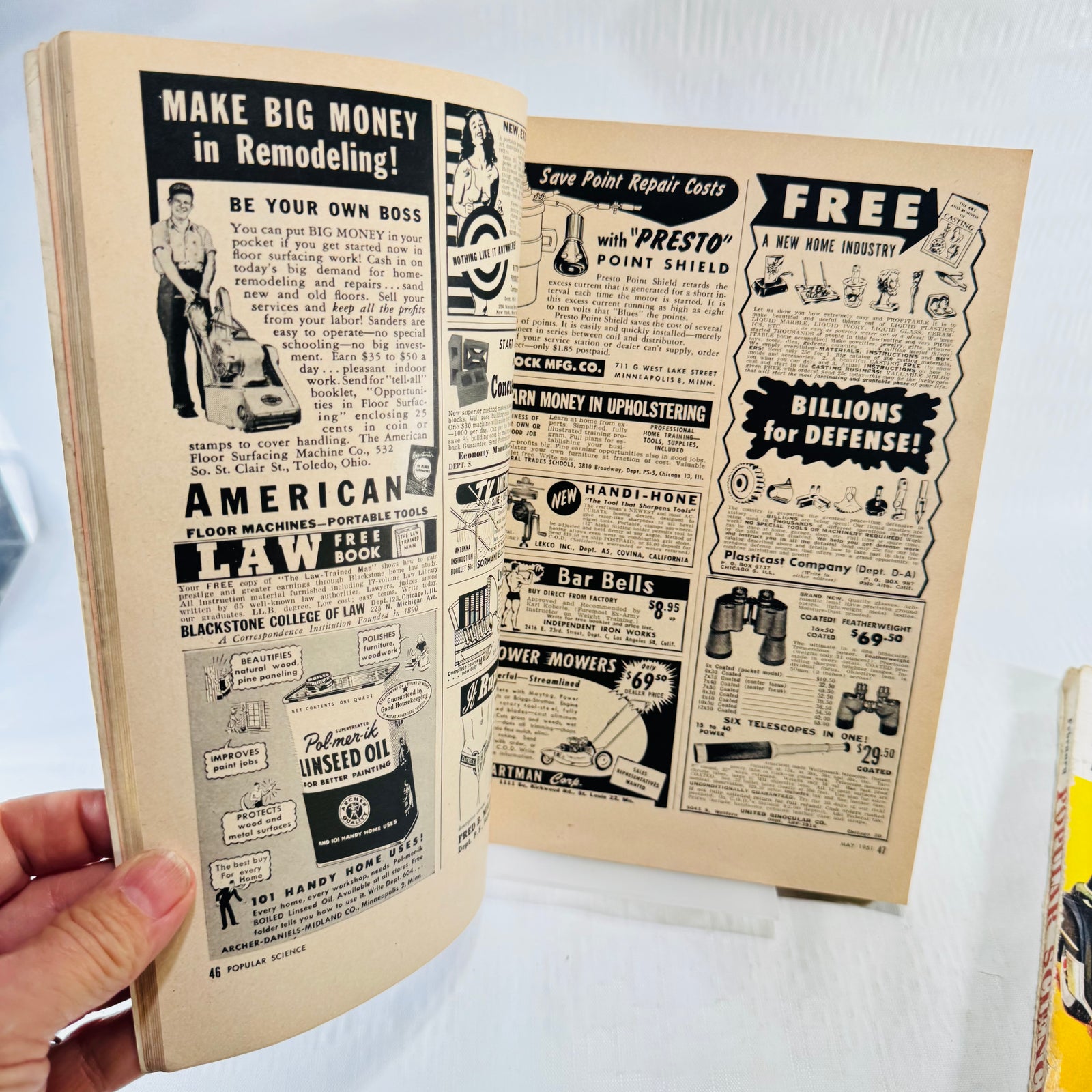 May 1951 Popular Science pages 46 and 47 with remodeling, linseed oil and classified ads