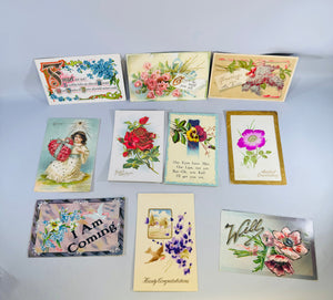 Vintage Floral Postcard Lot 9 Antique Greeting Cards Mailed Unused Embossed Paper Ephemera Bundle