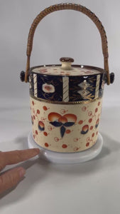 Vintage Imari Style Biscuit Barrel | Japanese Ceramic Cookie Jar | Black, Orange & Gold | Wood/Rattan Handle 5.5" Mid Century Kitchen Decor