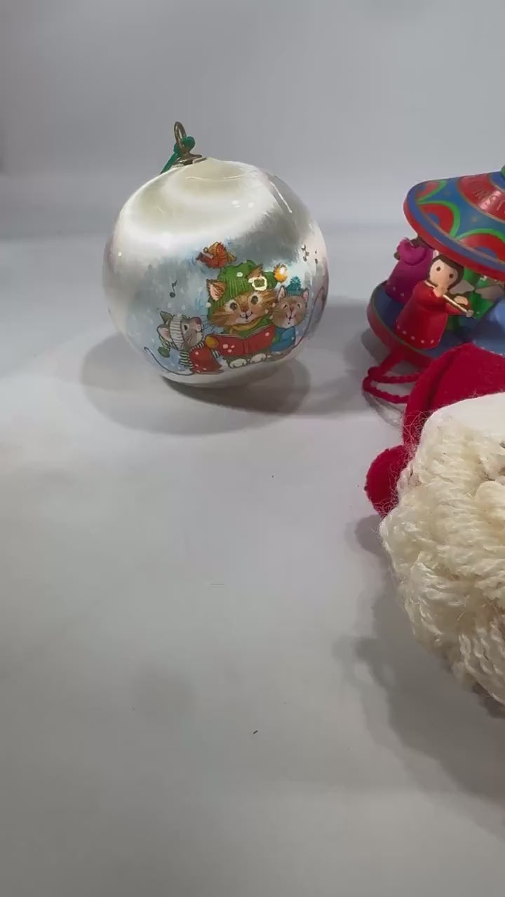 Vintage Christmas Ornaments Trio: 1979 Hallmark Wood Carousel, 1980 Current Satin Cat Ball, Plush Yarn Santa Face | Retro Tree Decor