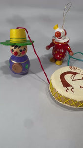 Lot of 4 Vintage World Travel Christmas Ornaments | Wood Clown, German Pfennig Doll, Taos Drum, Hand-Painted Poppy Ball | Estate Collection