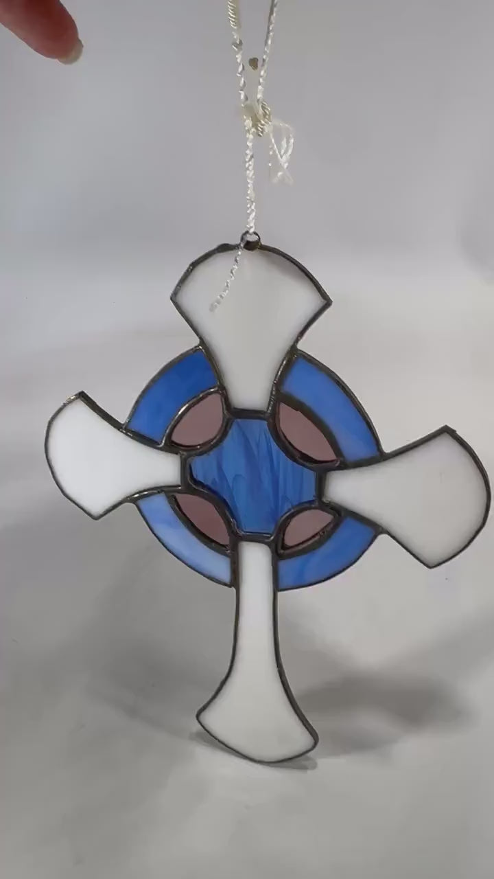 Vintage Stained Glass Celtic Cross Suncatcher, Blue  White 9x6, Artist Signed & Dated 2004, Faith Window Art, Ready to Hang Gift Ready