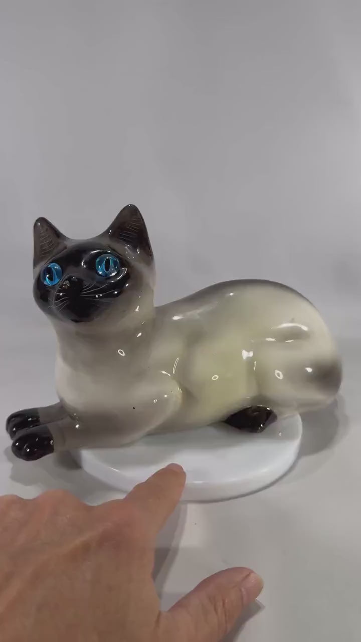 Vintage Italian Siamese Cat Figurine | Ceramic Cat with Blue Glass Eyes | Mid Century Decor | Italy Pottery | 8 Inch Collectible Cat Statue