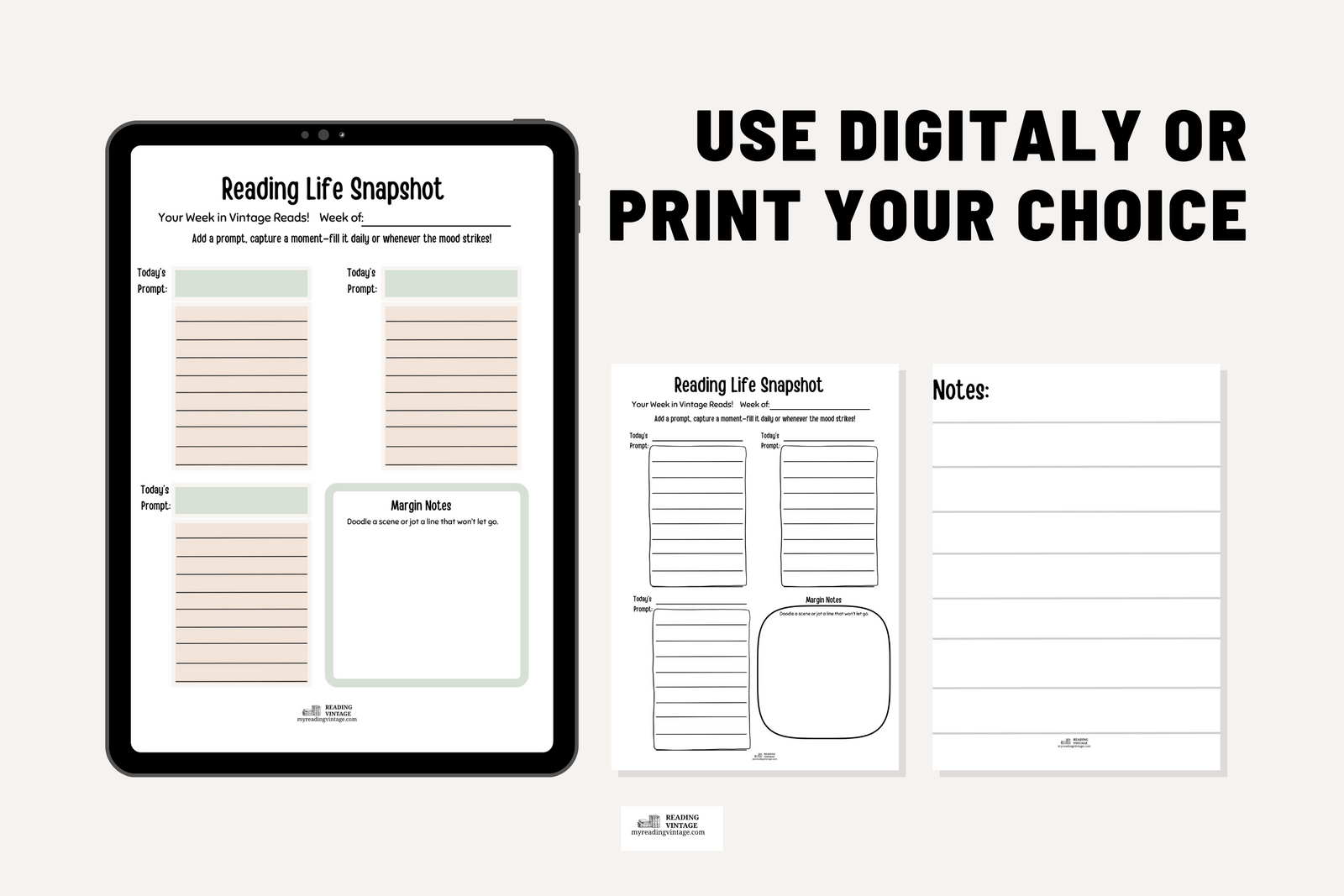 Vintage Reading Journal Pages - Digital Download PDF