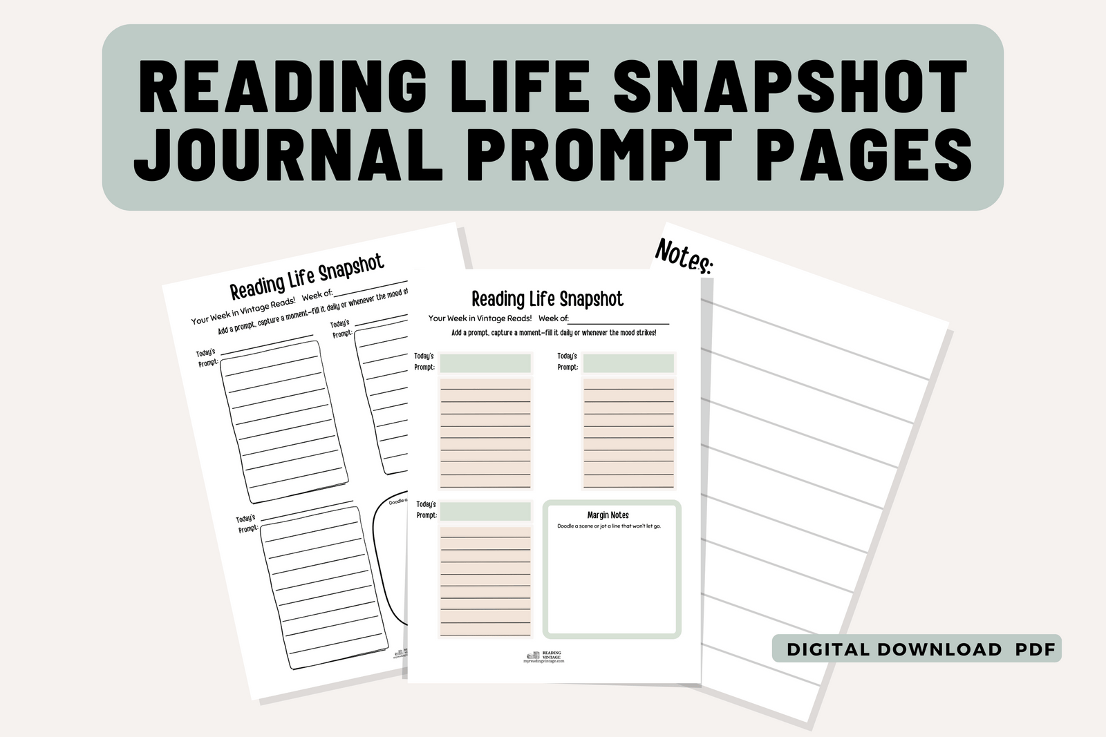 Vintage Reading Journal Pages - Digital Download PDF