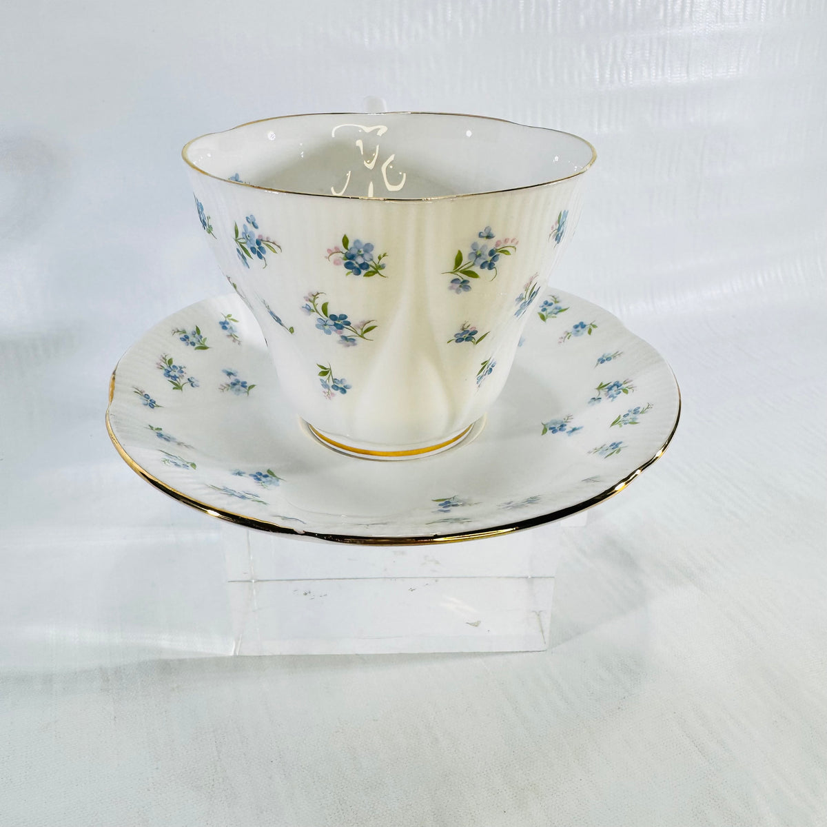 Eye level photo of the Royal Albert Blue Heaven teacup and saucer set