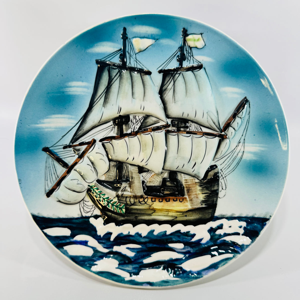 Made in Japan 3D Sailing Ship Wall Plate 1950s to 1960s Raised Porcelain