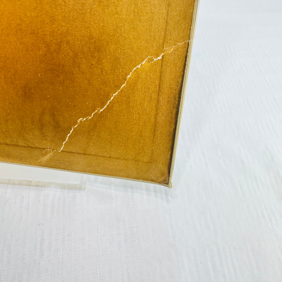 Close view of wear and a tear at the lower corner of the cloth cover