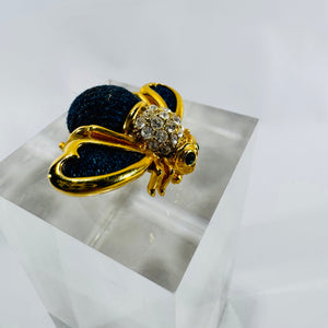 Joan Rivers Bee Brooch Blue Denim Crystal Gold Tone Signed Insect Pin