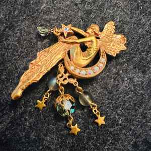 Rare Vintage Kirk’s Folly Moon Fairy Brooch Pin Gold Tone Pink Purple Enamel AB Rhinestones Faceted Beads Star Dangles Signed