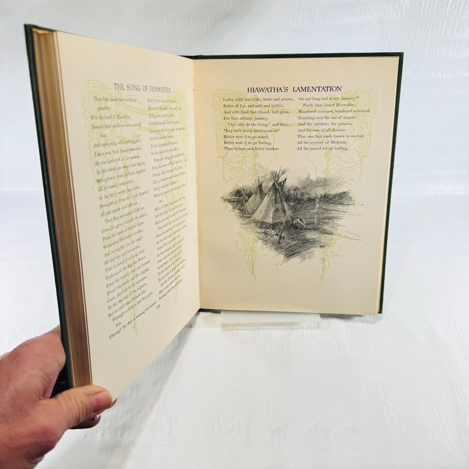 Hiawatha's Lamentation text on pages 192 and 193 with a small tepee drawing