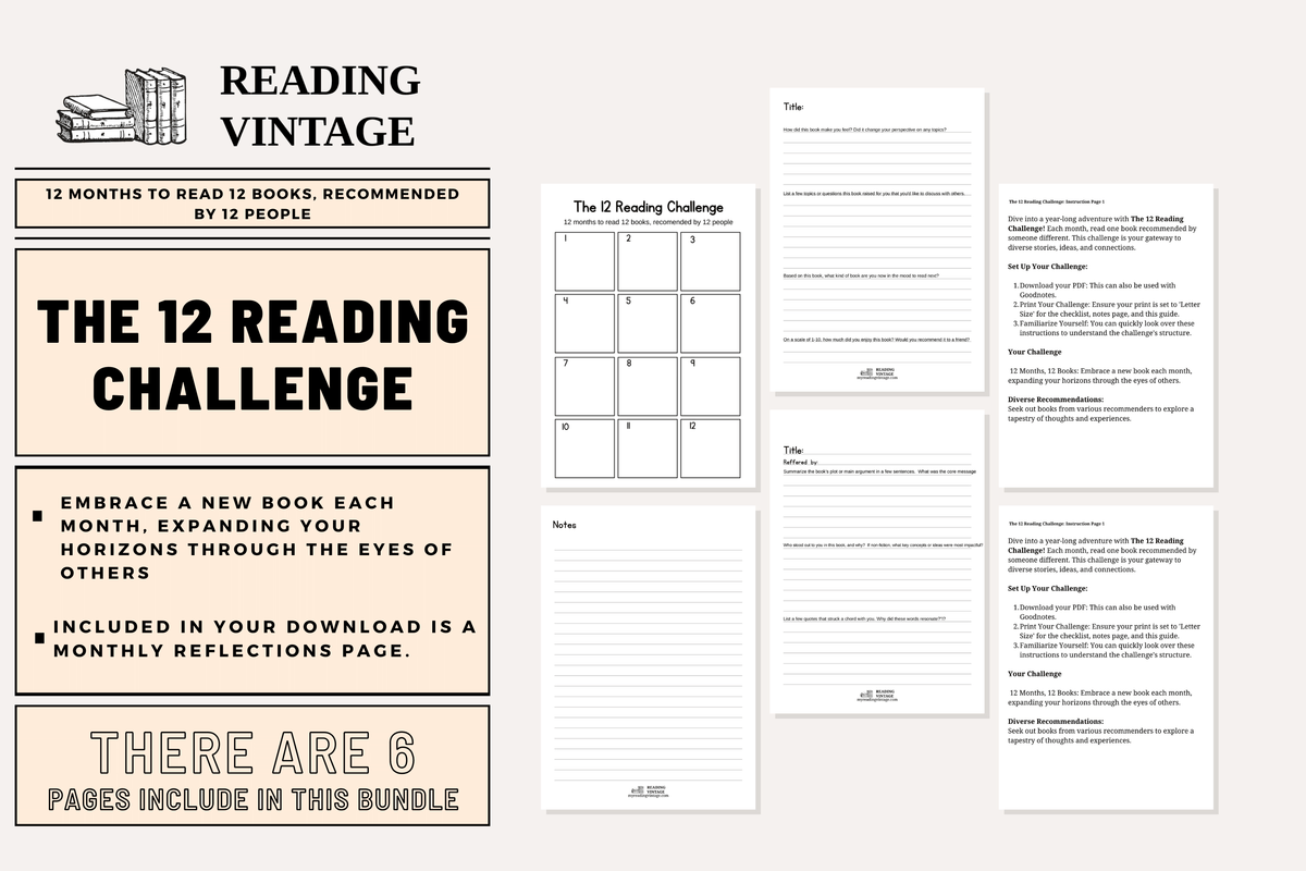 The 12 Reading Challenge (Year-Long Reading Prompts &amp; Worksheets) – Digital Download PDF